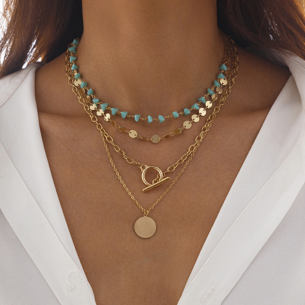 Wholesale Electroplated Alloy Turquoise Retro Bohemian Choker Necklace Metal Flower Disc Pendant Layering Jewelry For Women Gift