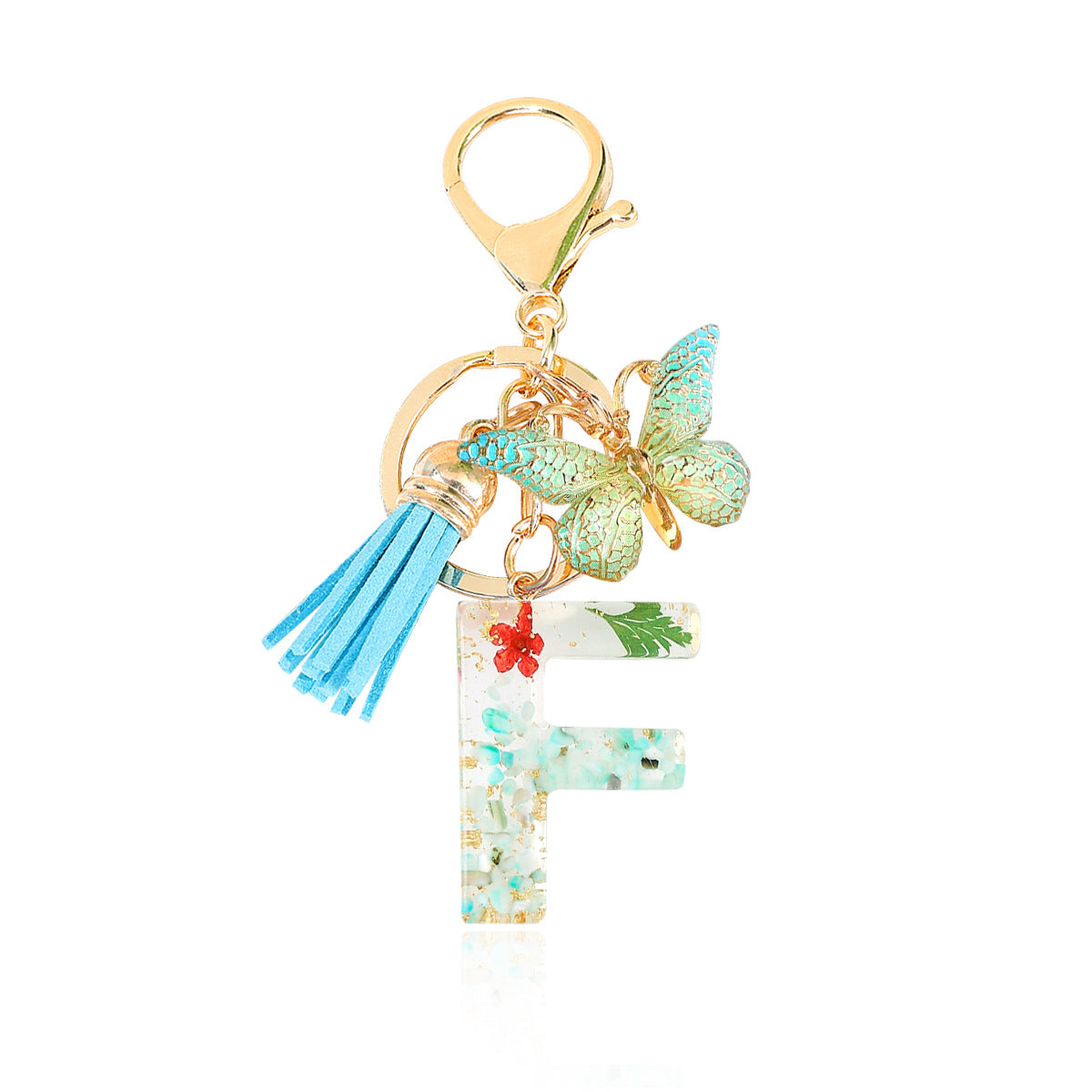 Wholesale Epoxy Green English Letter Dried Flower Crystal Keychain