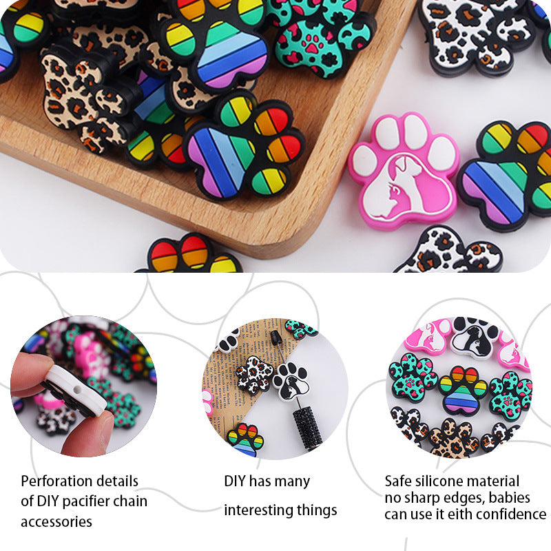Wholesale 10pcs Cartoon Leopard Print Rainbow Dog Paw Silicone Beads Focal Beads DIY Beadable Pen Accessories ACC-BDS-GuangTian023