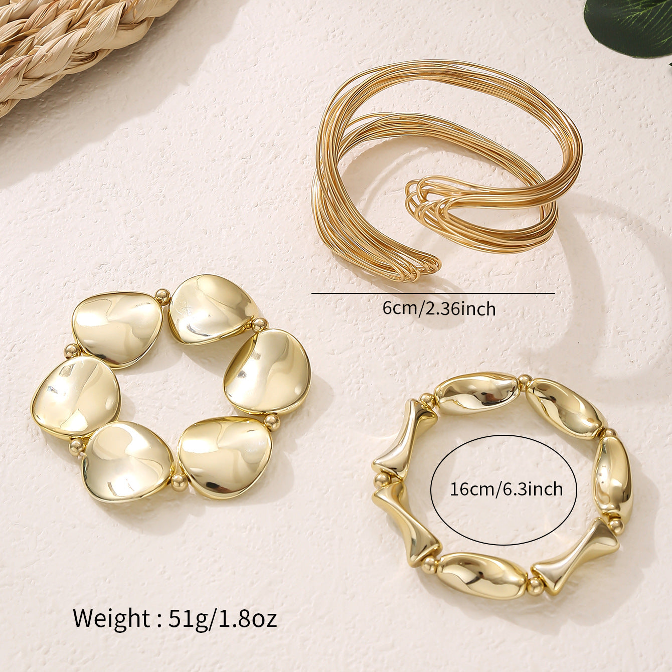 Wholesale 3 Piece Gold Metal Multi Layer Geometric Open Cuff Bracelet Set For Women Punk Style Gift