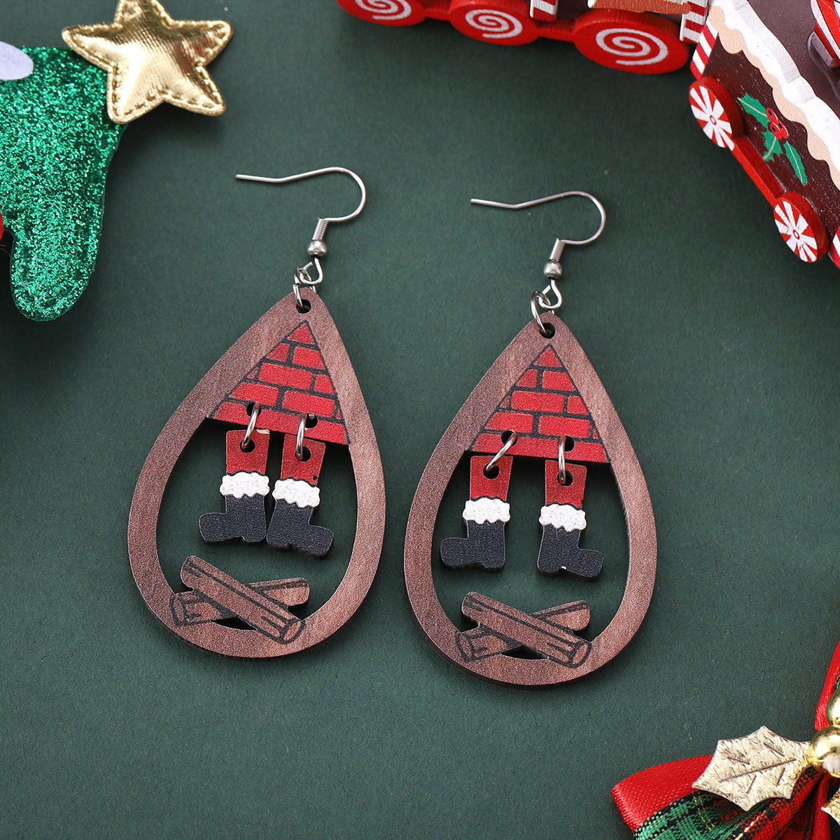 Wholesale Christmas Fireplace Santa Claus Bigfoot Wood Double Sided Earrings ACC-ES-ChuLian075