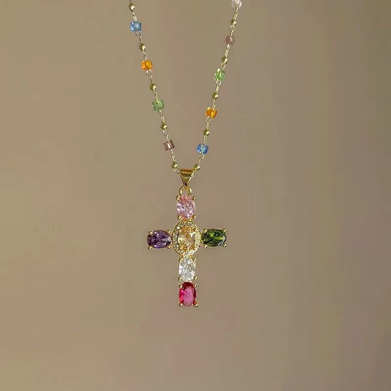 Wholesale Layering Colorful Cross Pendant Necklace Zinc Alloy Crystal Chain Fashion Accessory