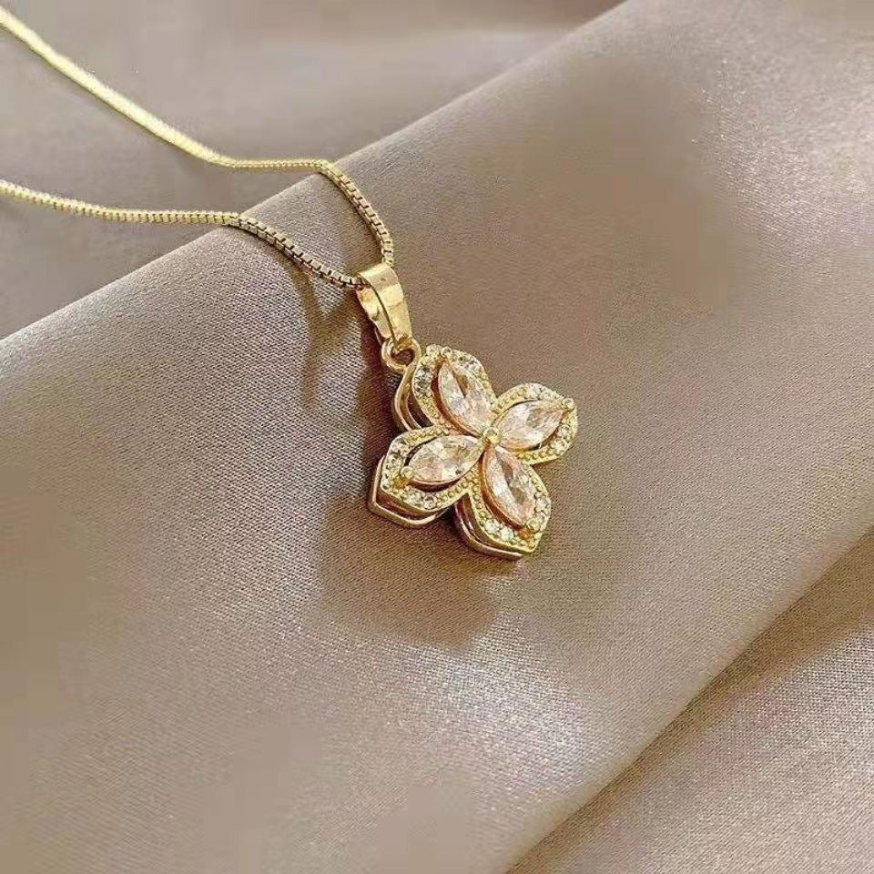 Wholesale Titanium Steel Light Luxury Rotating Flower Zircon Earrings Rings Necklace ACC-NE-KuCai011