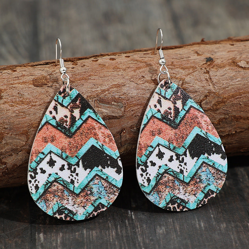 Wholesale Retro Western Drop-Shaped Leather Earrings with Leopard Print - Trendy Fashion Accessory for Gift or Boutique Resale