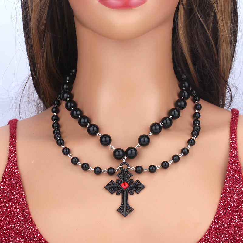 Wholesale Halloween dark cross pearl necklace hip hop  necklace