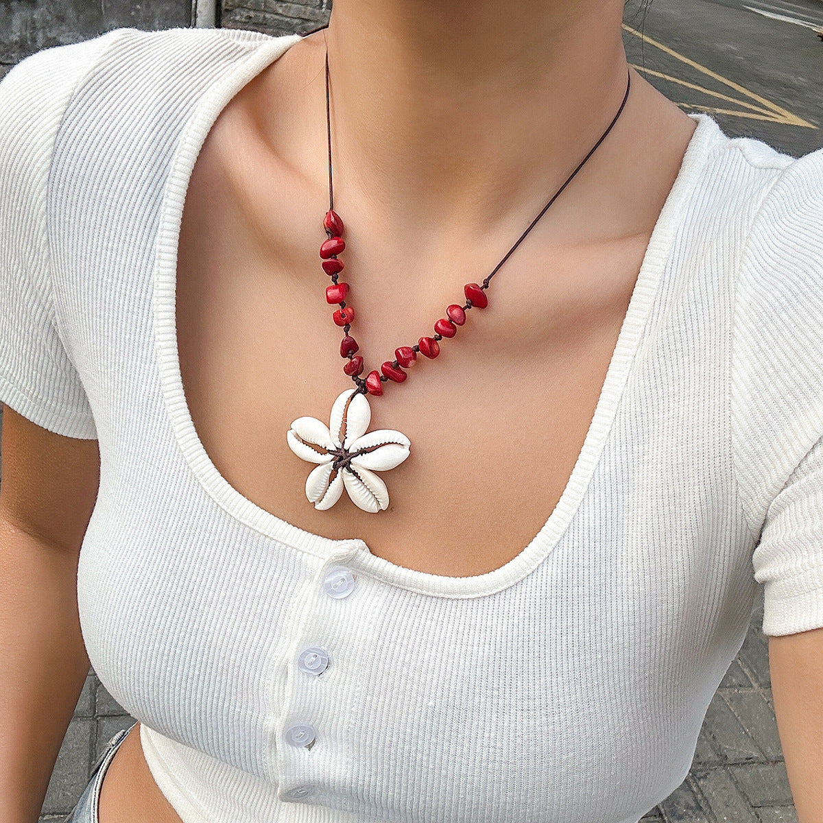 Wholesale retro ethnic style shell stitching flower adjustable necklace