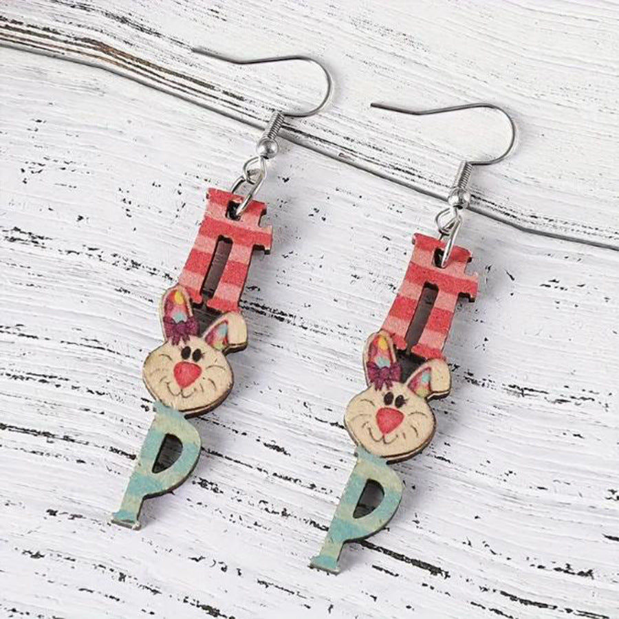 Wholesale Easter wooden cartoon cute big ear rabbit earrings