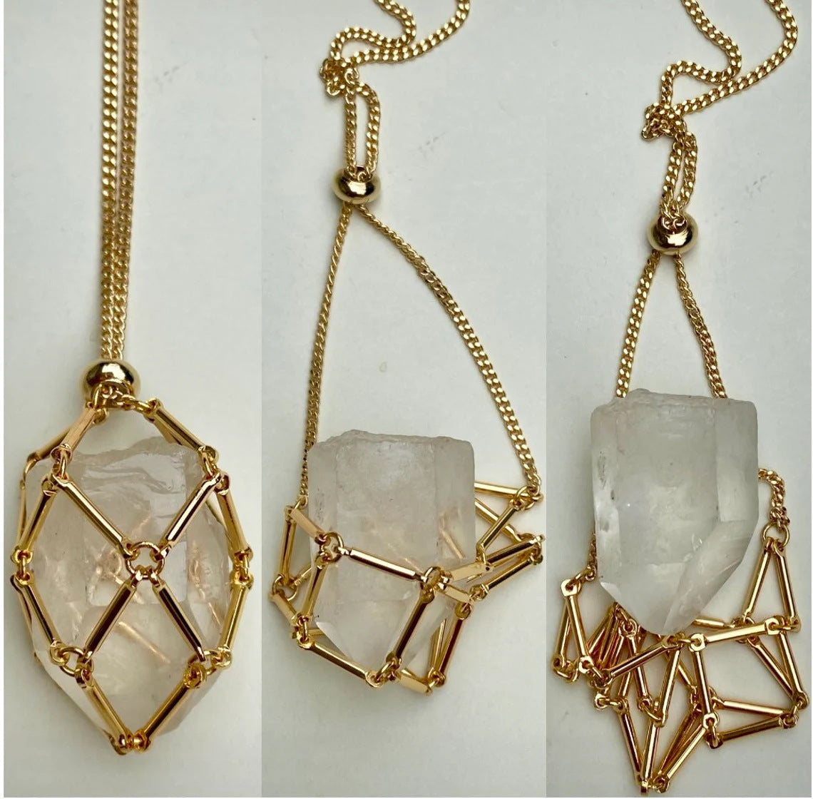 Wholesale 18K Gold Natural Crystal Raw Stone Net Pocket Metal Bamboo Necklace Crystal Mesh Bag ACC-NE-RongGuan010