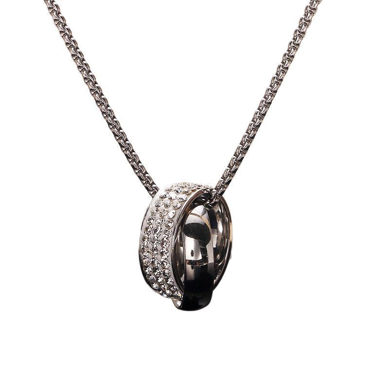 Wholesale Fashion Stainless Steel Double Ring Full Diamond Necklace