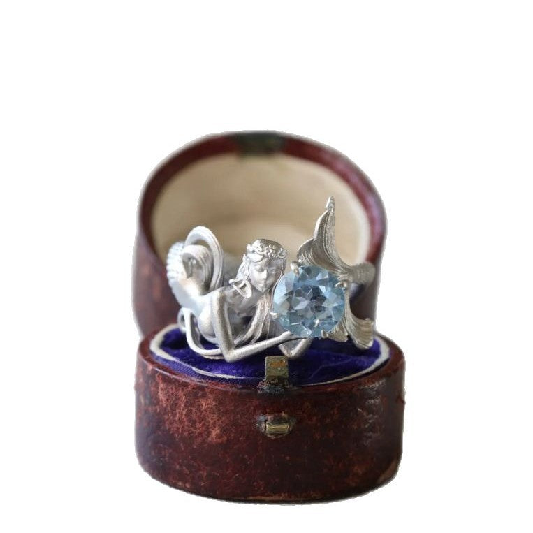 Wholesale & lt; Mermaid Ring& gt;  Sea Dream Blue Crystal Cute Mermaid Ring High-Looking Index Finger Decoration Niche Gift
