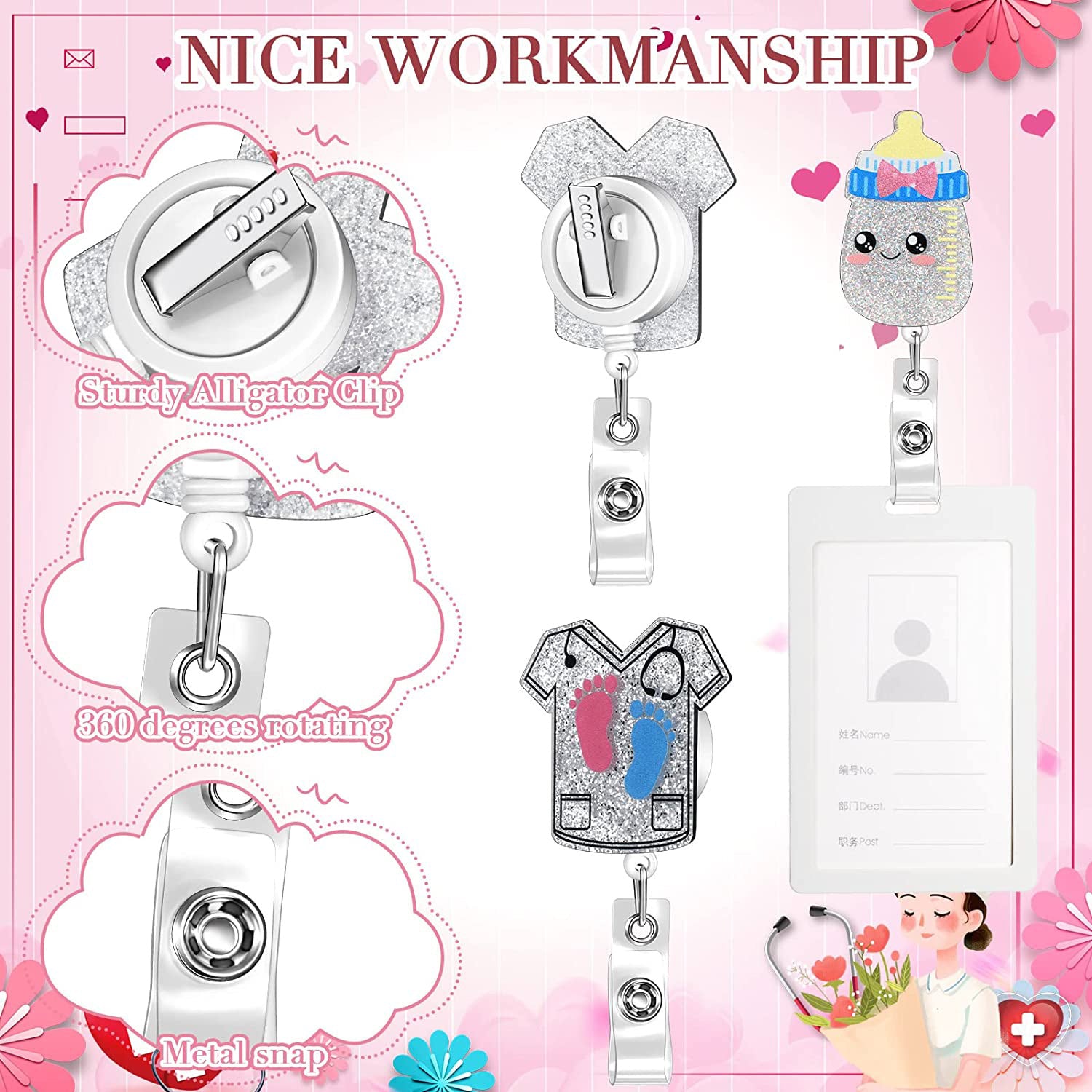 Wholesale Badge Reels Glitter Acrylic Baby Bottle Rainbow Retractable Keychain