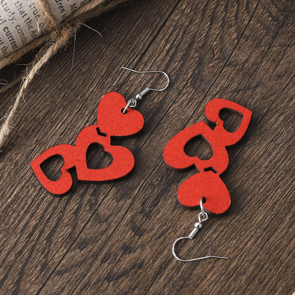 Wholesale Wooden Valentine' s Day Leopard Striped Heart Dwarf Dog Pendant Earrings