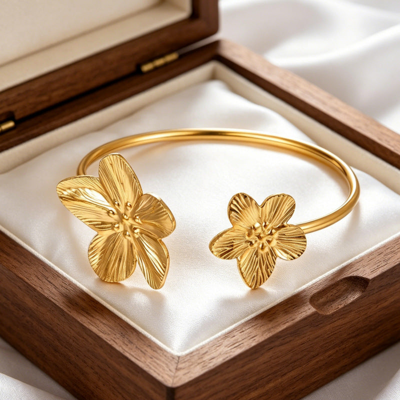 Wholesale Stainless Steel Electroplated Flower Open Cuff Bracelet - Trendy Boutique Resale Jewelry