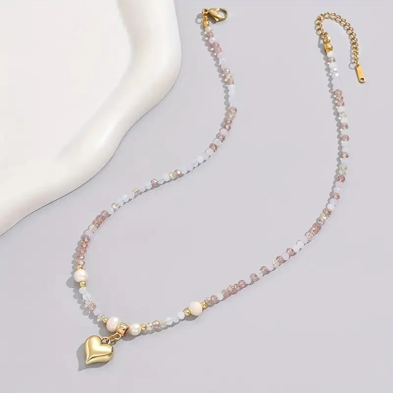 Wholesale Stylish Gold Heart Crystal Beaded Necklace Bohemian Women Fashion Jewelry