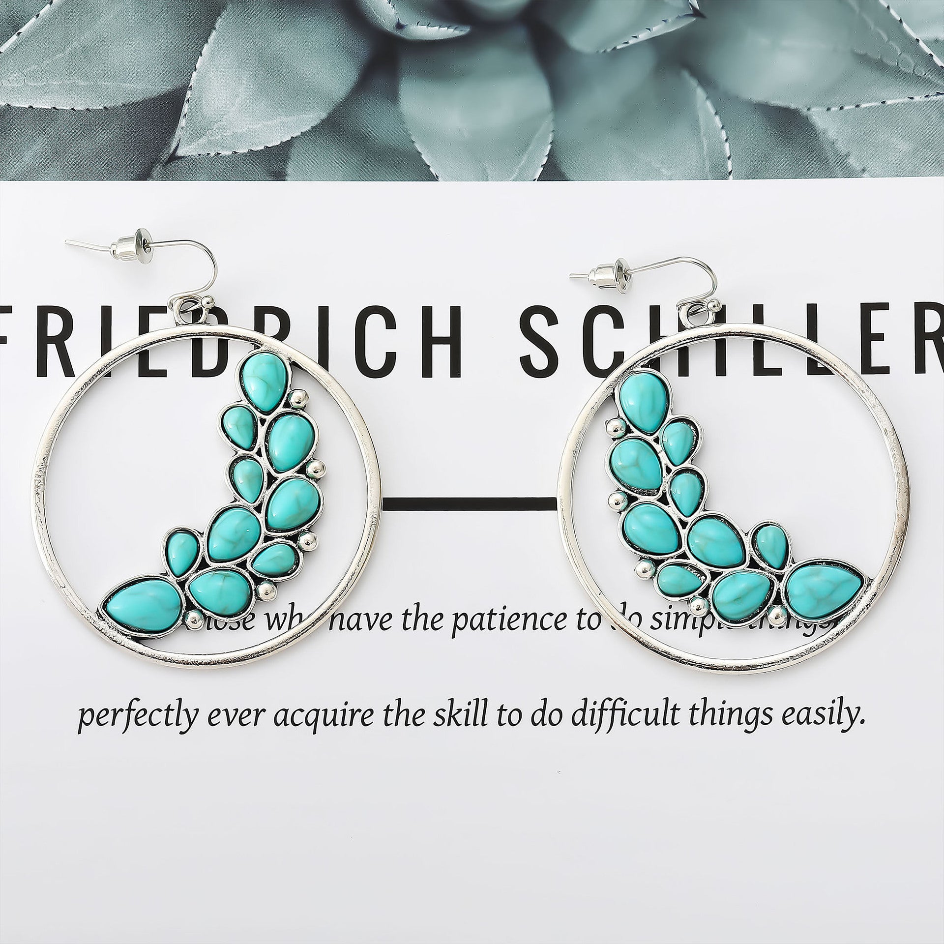 Wholesale retro earrings  exaggerated large circle leaf turquoise earrings