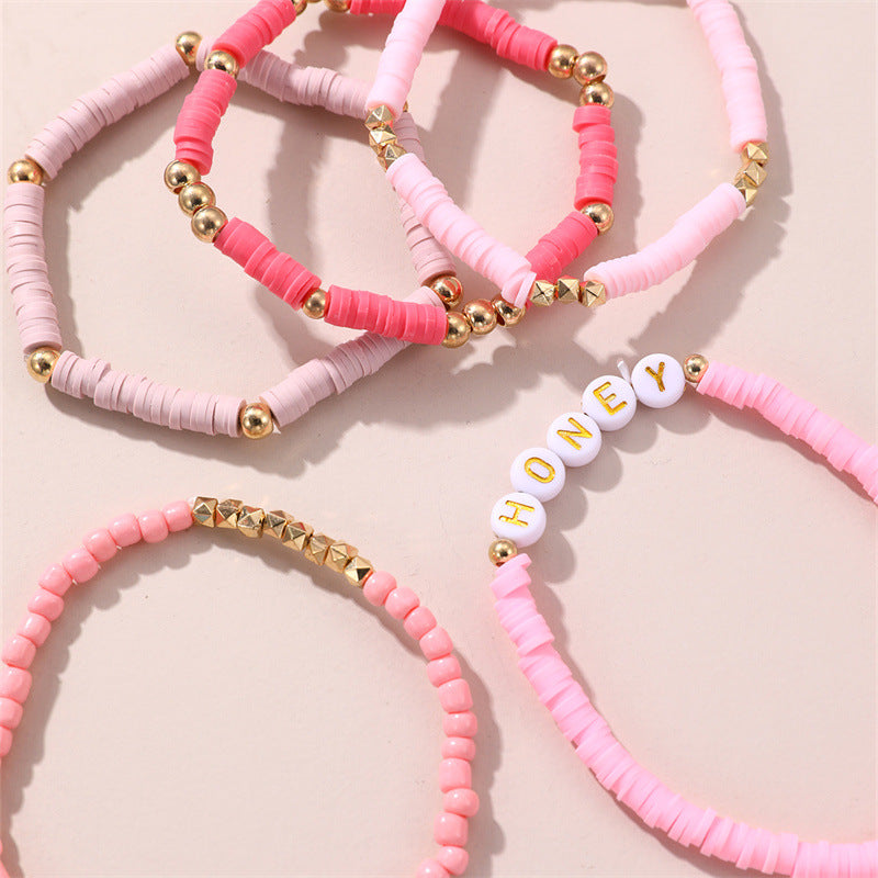 Wholesale Valentine's Day Pink soft pottery letters bracelet set