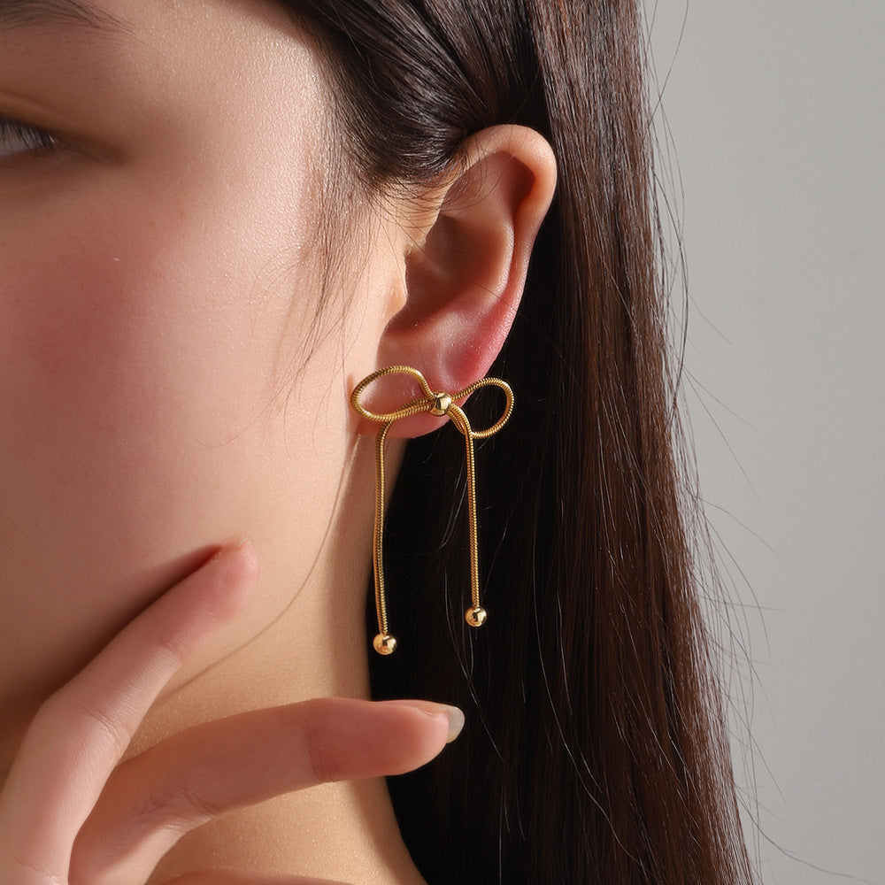 Wholesale Bow Tassel Earrings Stainless Steel Snake Bone Chain Braided Bow Earrings