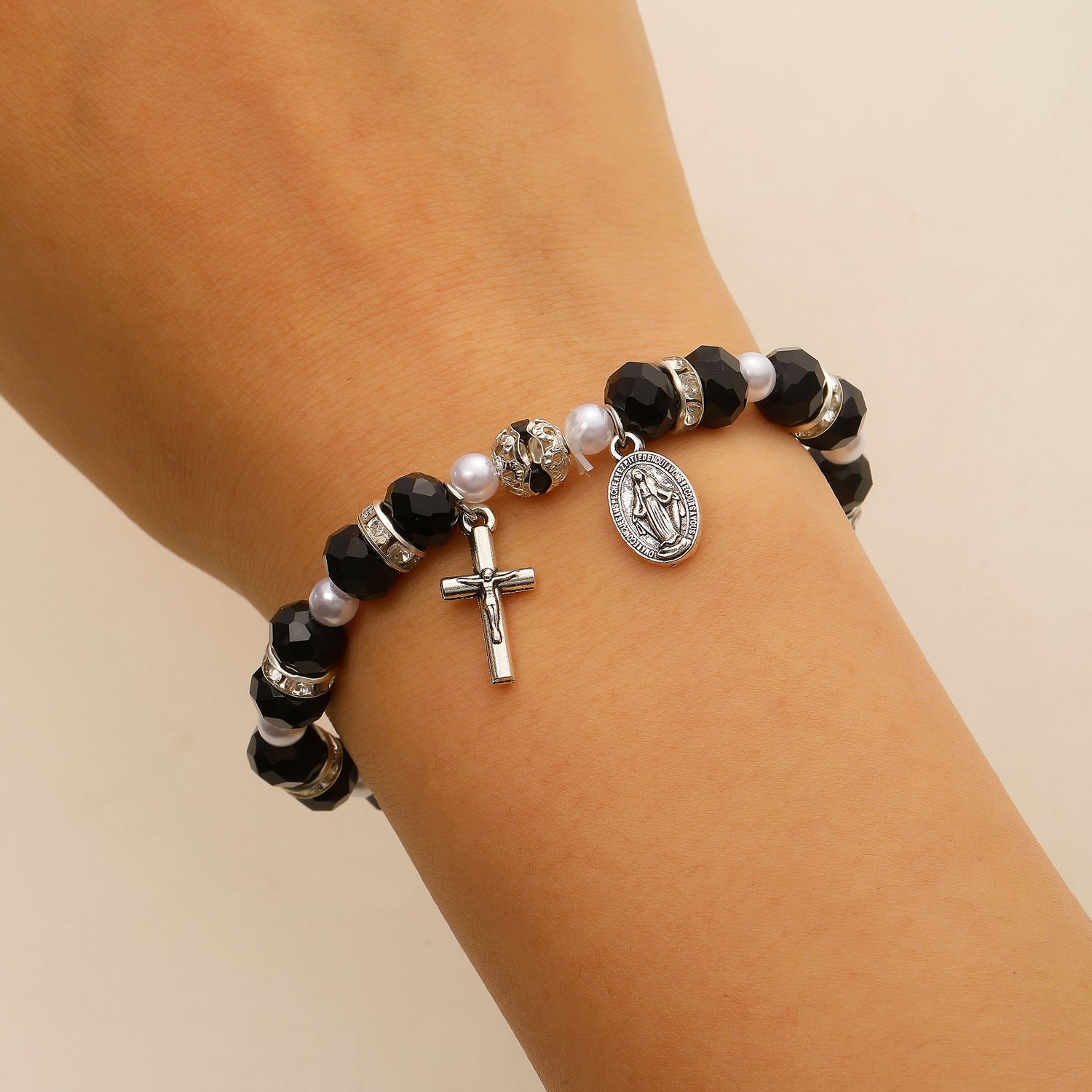 Wholesale Alloy man-made pearl beaded flower and cross Virgin Mary bracelet