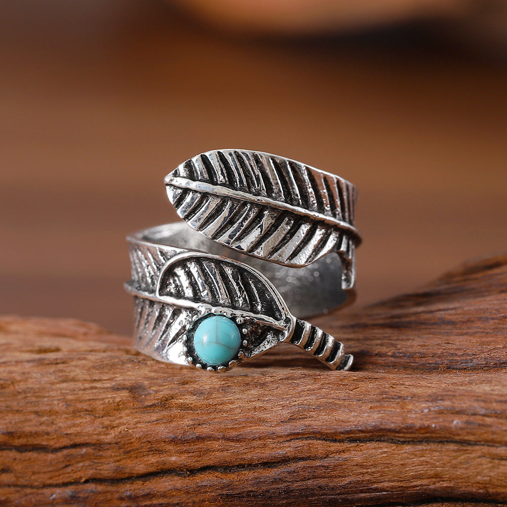 Wholesale  retro leaf turquoise opening adjustable ring