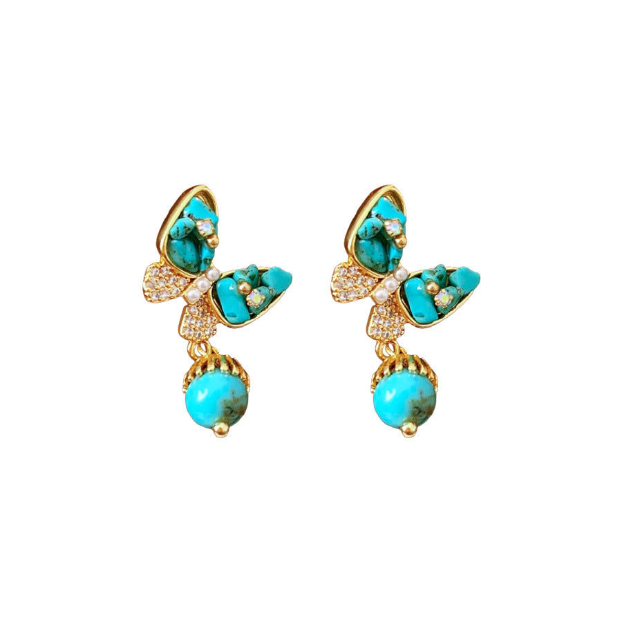 Wholesale Gold Plated Turquoise Butterfly Earrings Vintage Ethnic Style Fashion Accessory