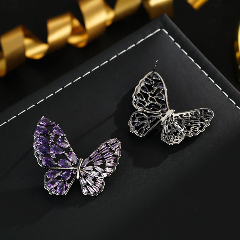 Wholesale Butterfly full inlaid  luxury elegant 925 silver needle stud earrings