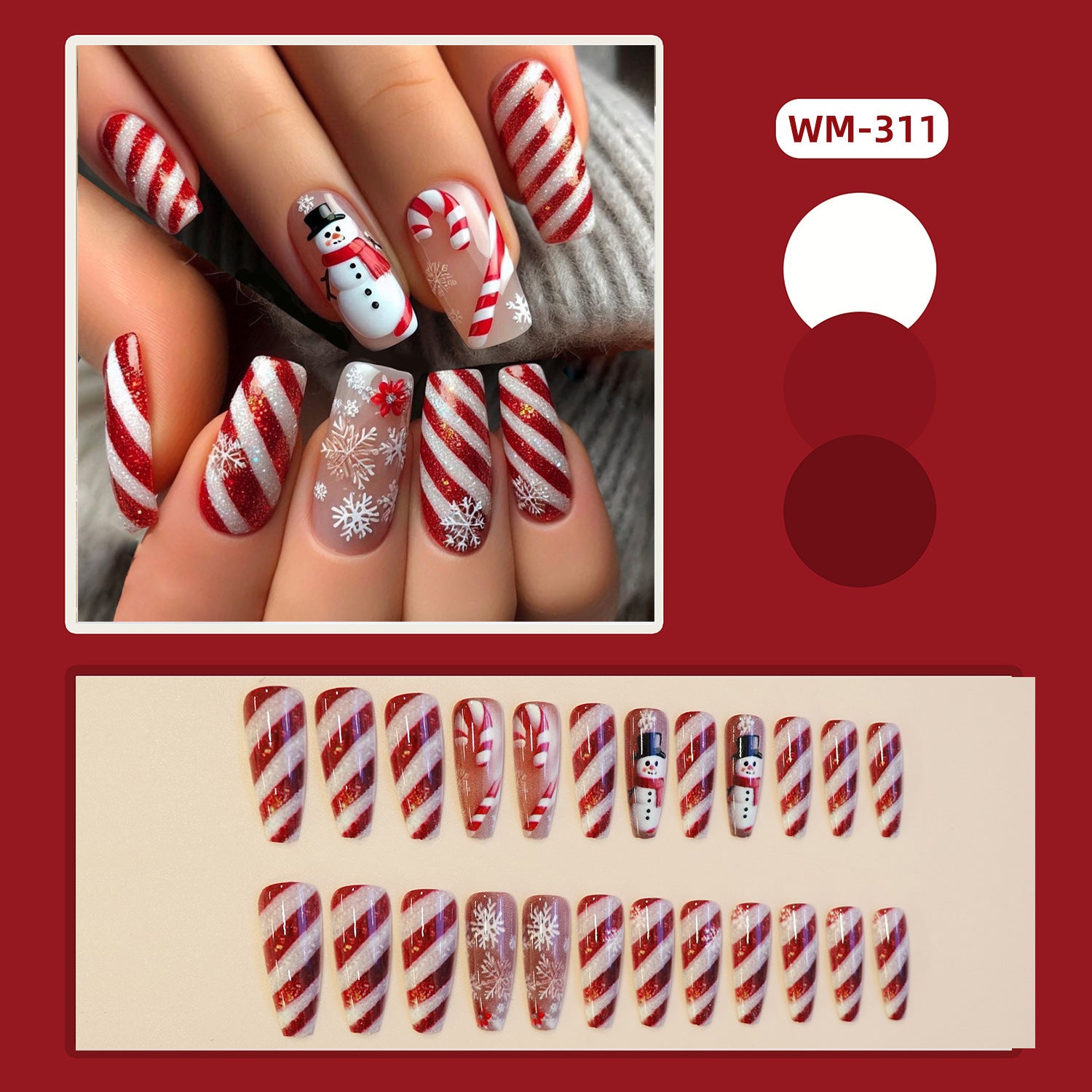 Wholesale 24 Pieces/ box Christmas Red and White Stripes Nails Kits Nail Stickers