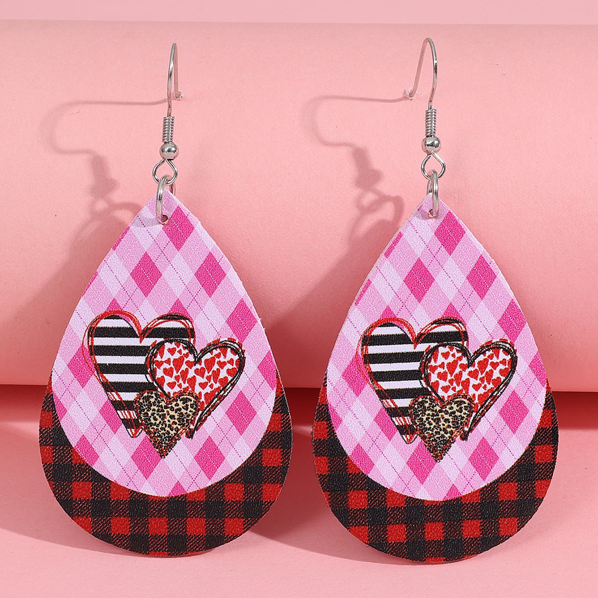 Wholesale Leather Earrings Water Drop Pink Peach Heart Double-Sided Design Fashion Accessory Party Gift