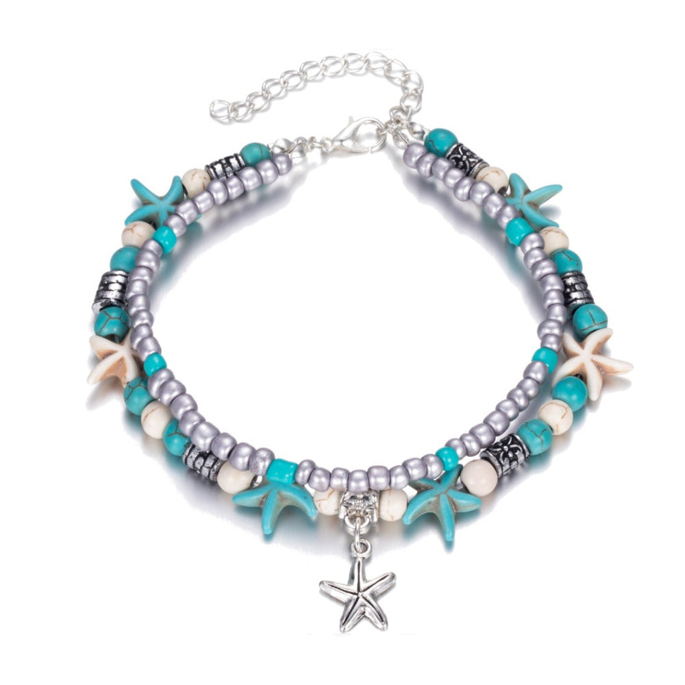Wholesale Turquoise Starfish Sea Turtle Beach Style Retro Double Layer Anklet ACC-AS-Gaot004
