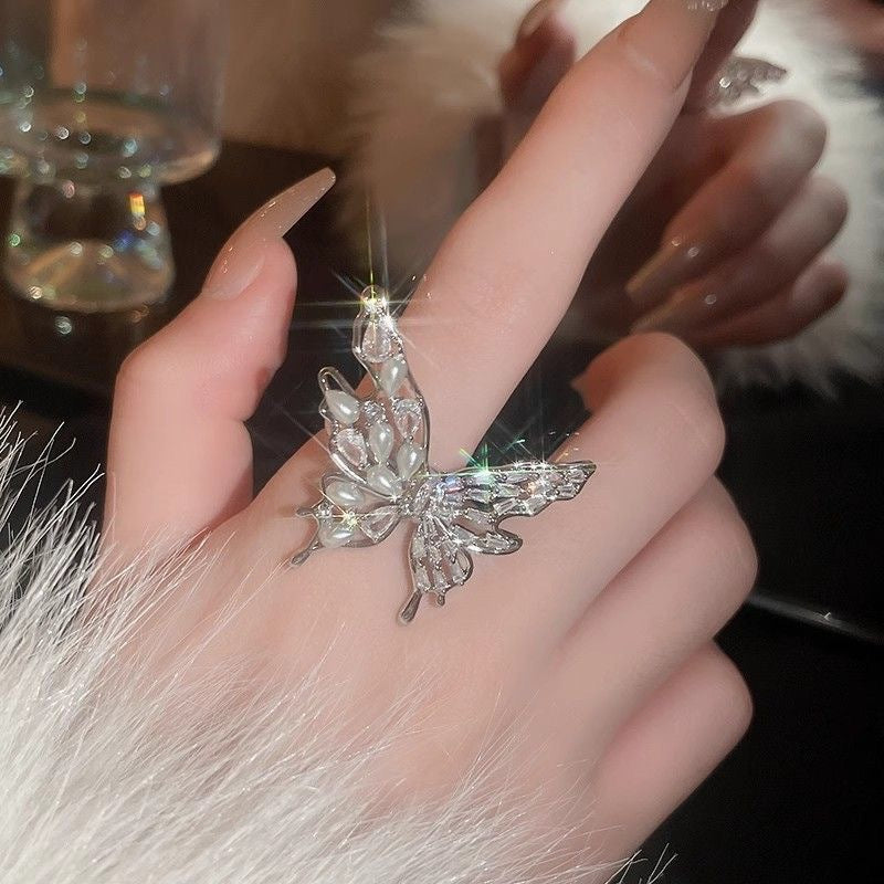Wholesale Autumn and Winter Light Luxury Zircon Butterfly Pearl Open Ring Elegant Index Finger Ring Fashionable Versatile Ring Accessories
