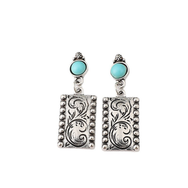 Wholesale Alloy Vintage Carved Square Turquoise Earrings for Women - Bohemian Style Jewelry Accessory