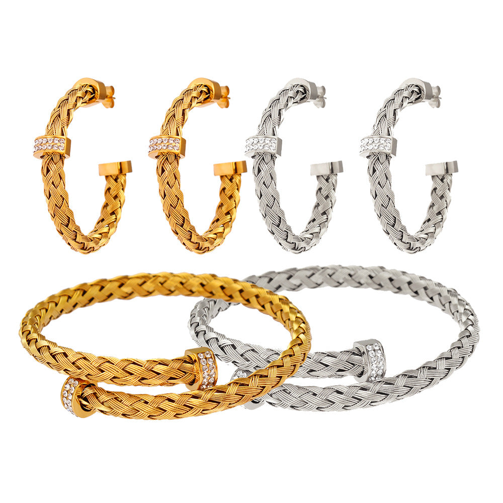 Wholesale Stainless Steel Bracelets Braided Open Bracelet 18K Gold Bracelet Earrings Set ACC-BT-Yueshi003