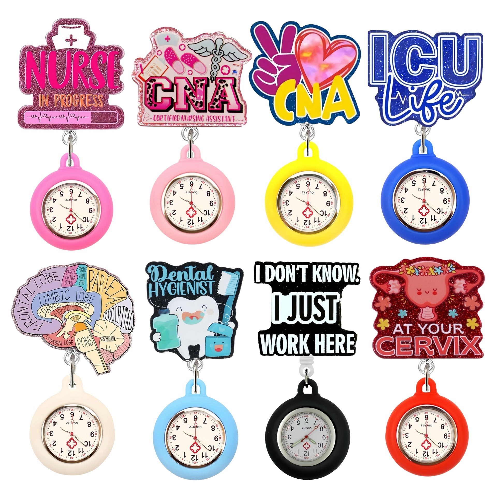 Wholesale Cute Cartoon Pocket Watch Acrylic Retractable Clip Badge Keychain
