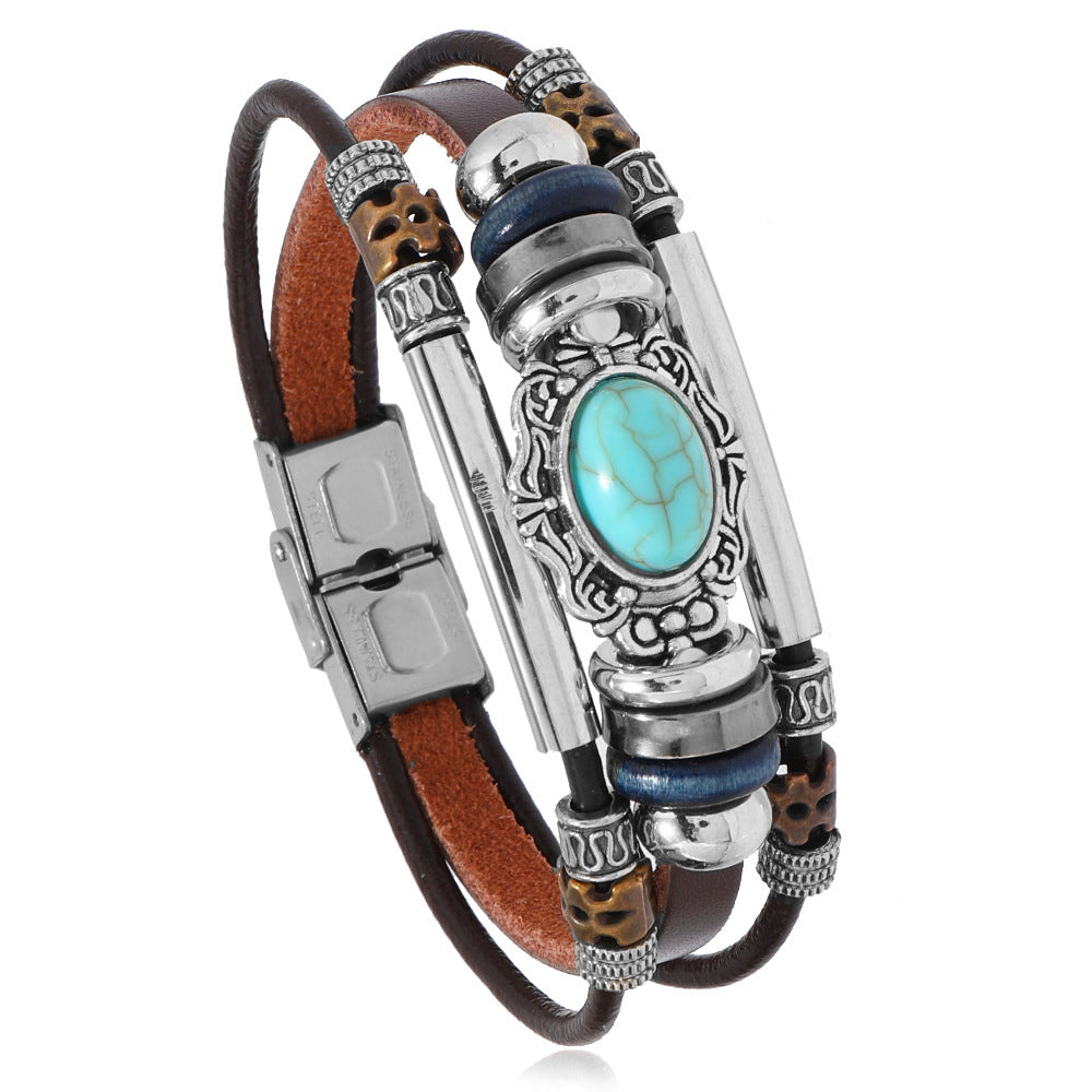 Wholesale 3PCS Stainless steel and leather bracelet with turquoise