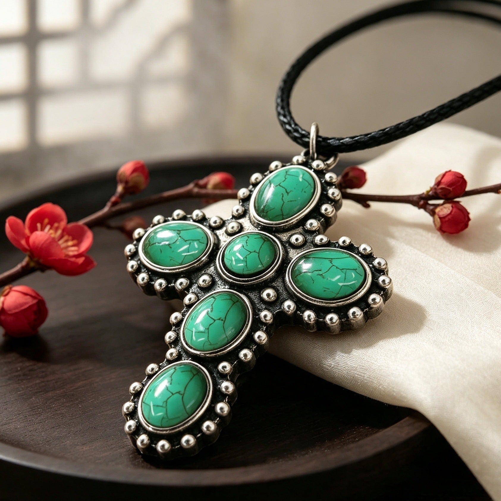 Wholesale European and American vintage distressed colored stone cross leather cord necklace,  Bohemian four-color turquoise rivet cross pendant