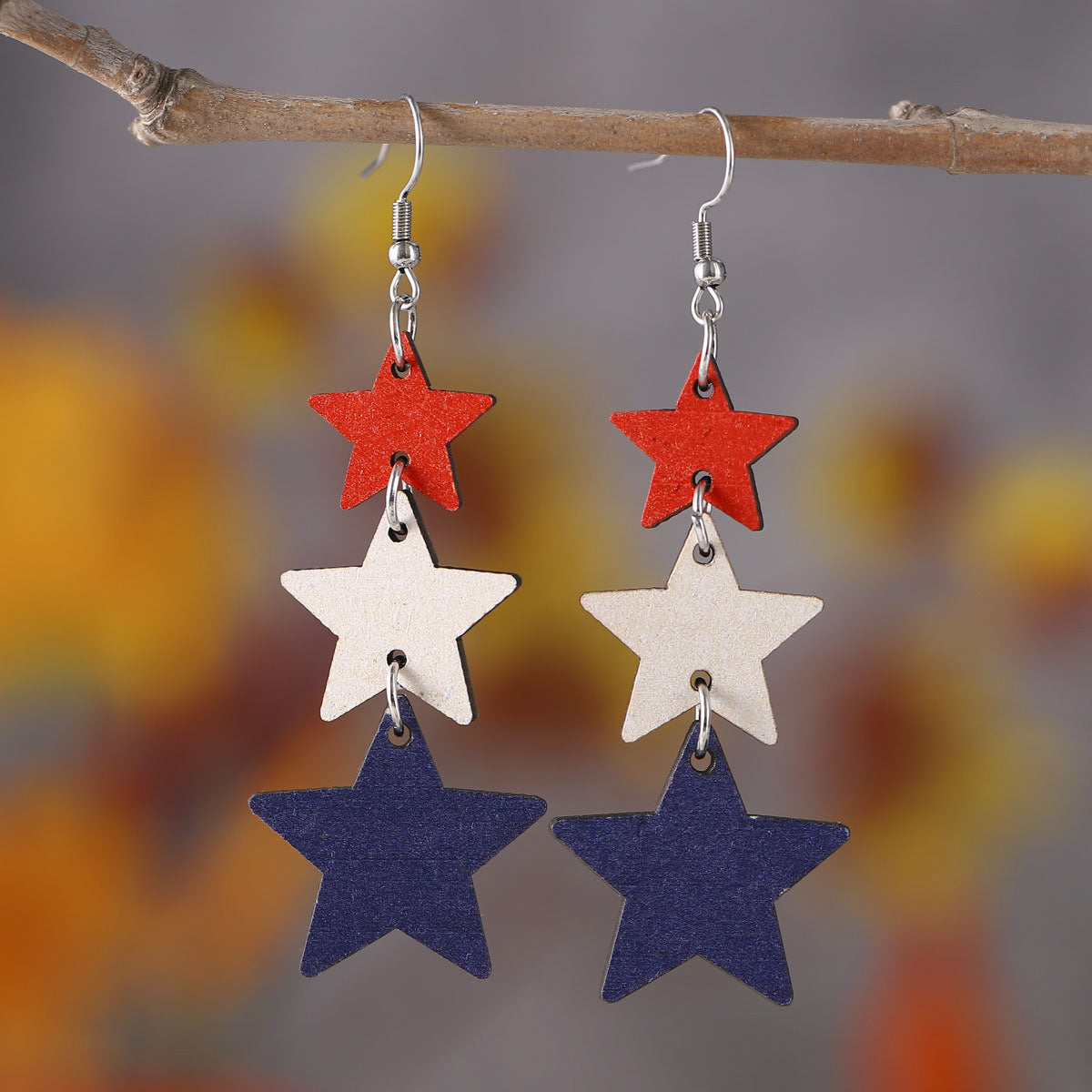 Wholesale of American Independence Day Red, White, Blue Flag, Love Star Hat, Beard, Wooden Double Sided Earrings ACC-ES-ChuLian004