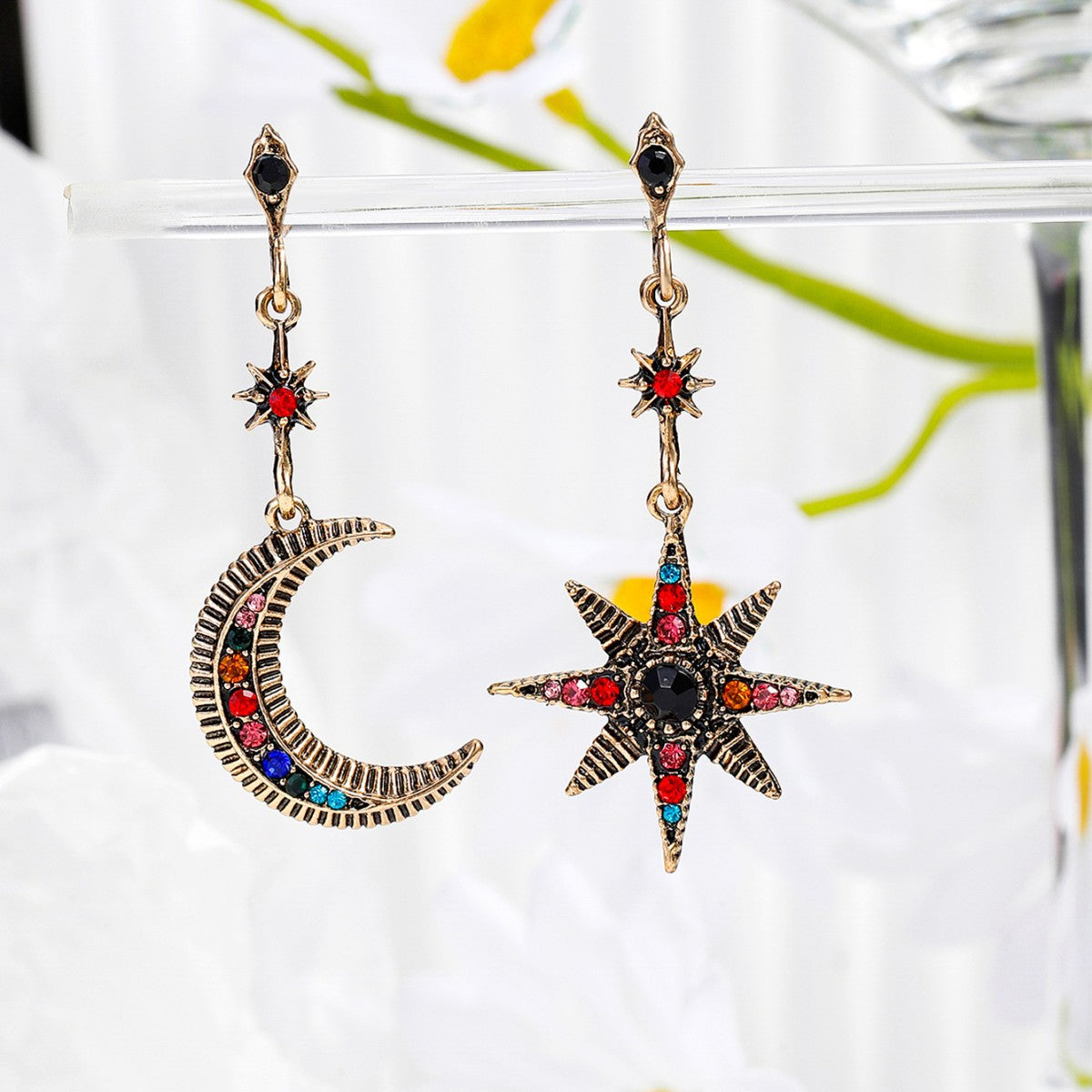 Wholesale Bohemian Asymmetric Earrings with Sun Moon Design,  Chic Jewelry Accessory for Everyday Wear