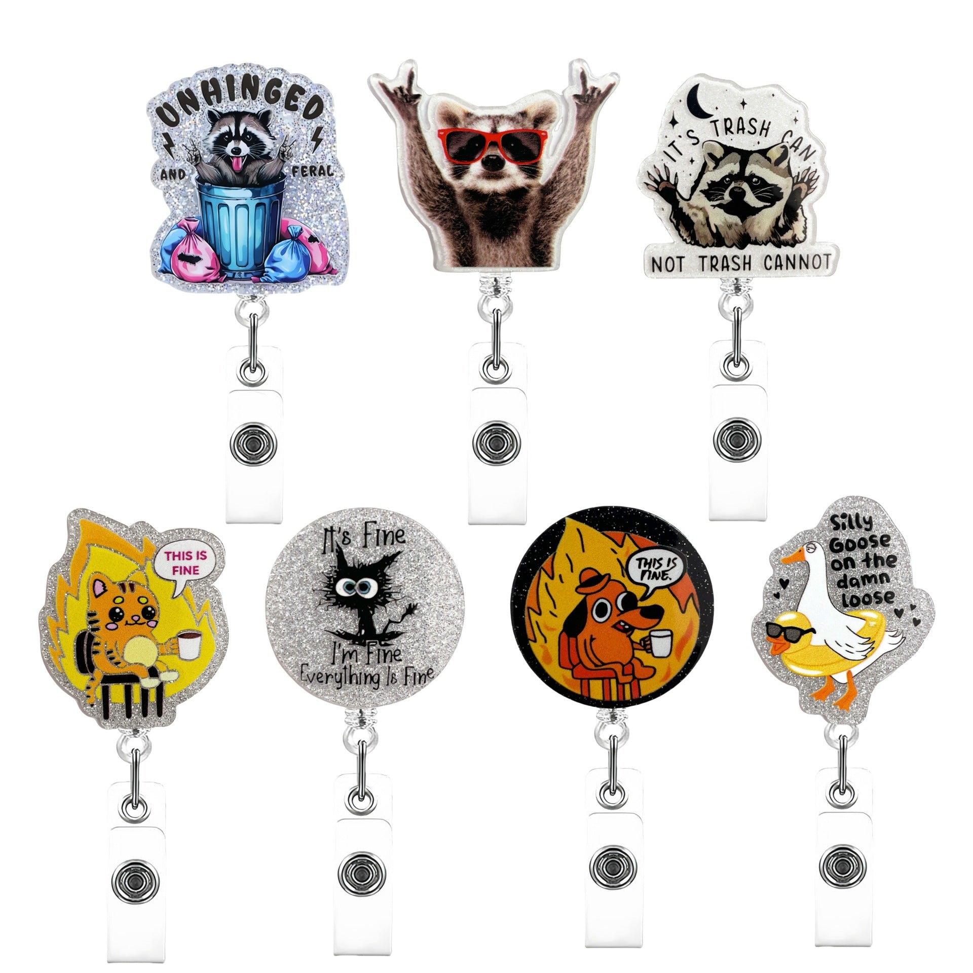 Wholesale Glitter Raccoon Acrylic Retractable Clip Badge Keychain