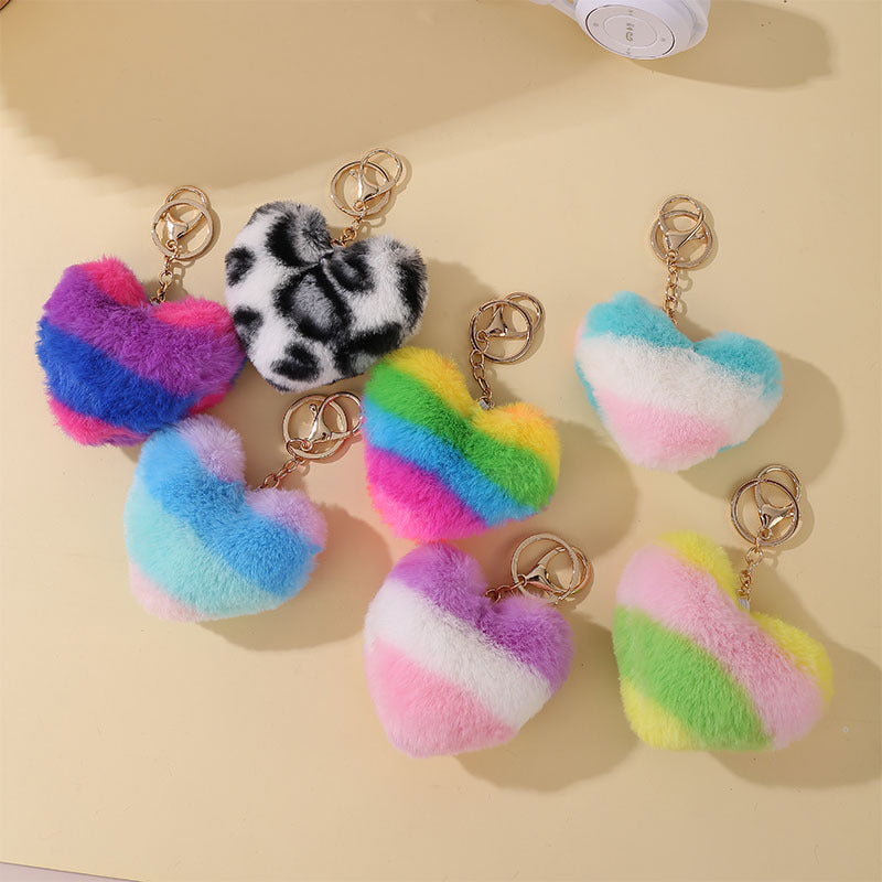 Wholesale 5PCS Multicolor leopard print fur ball keychain peach heart pendant bag plush jewelry pendant