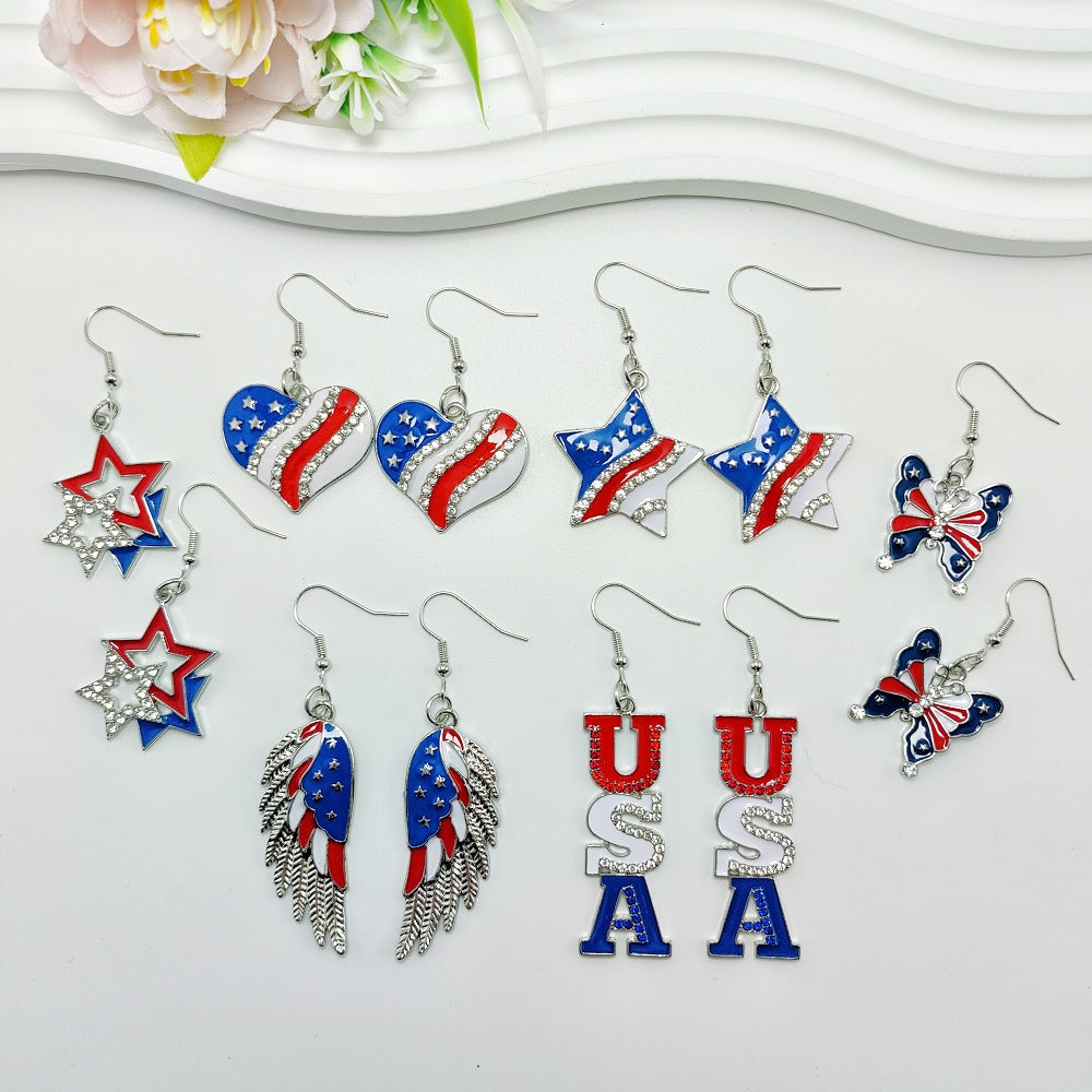 Wholesale American Independence Day USA Love Wings Zinc Alloy Earrings ACC-ES-Qiyu003
