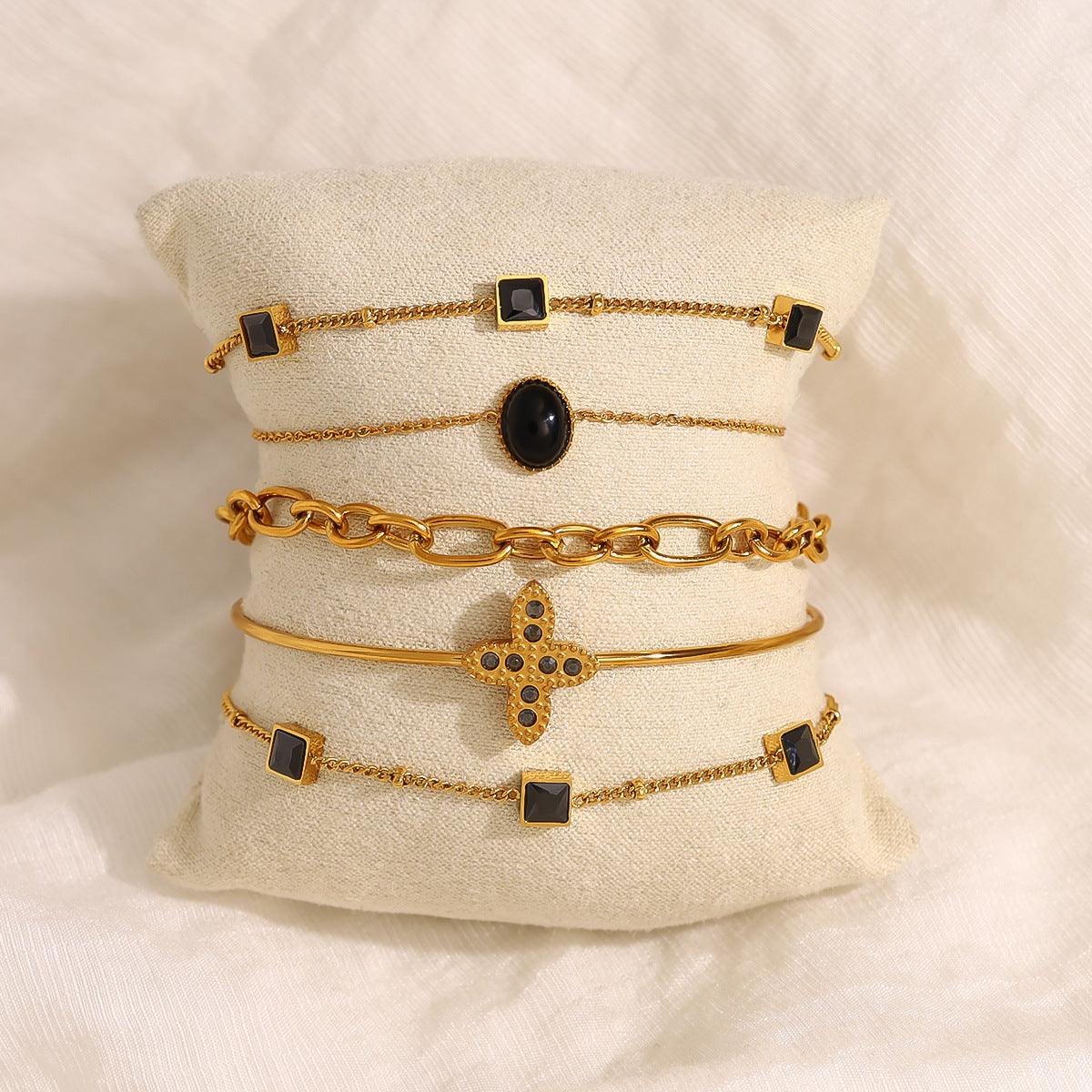 Wholesale Stylish Women S Star Open Bracelet Set 18K Gold Plated Stainless Steel With French Zircon Layered Design Boutique Resale