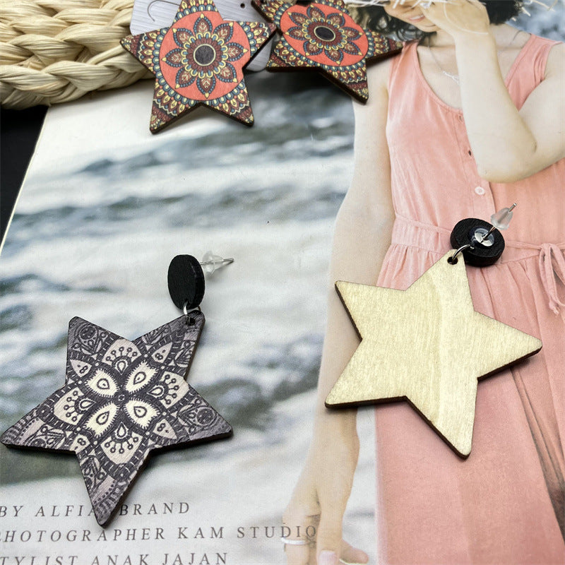 Wholesale Five-pointed Star Retro Ethnic Style Wood Earrings ACC-ES-FX037
