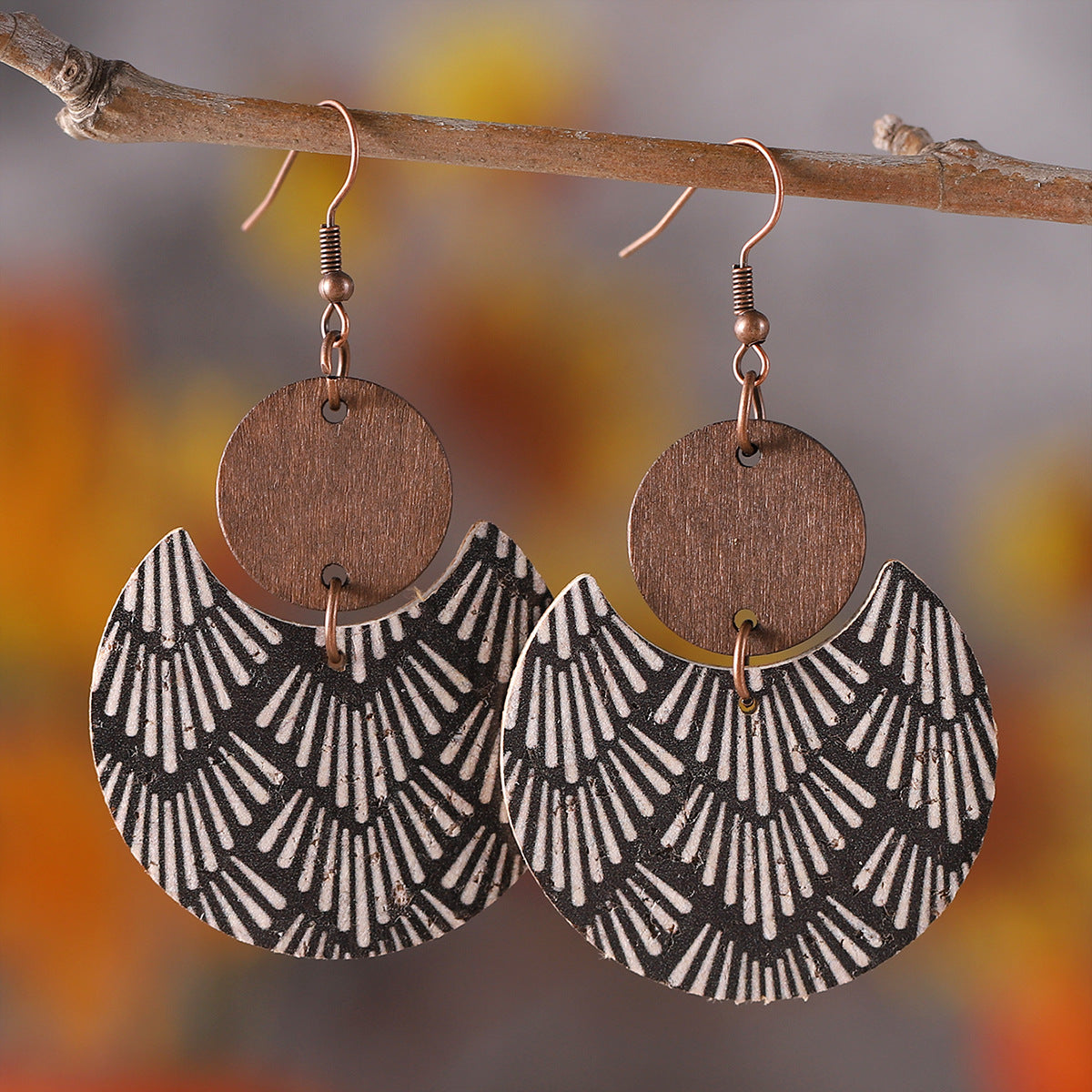 Wholesale  Bohemian distressed flower leaves leather wood pendant earrings
