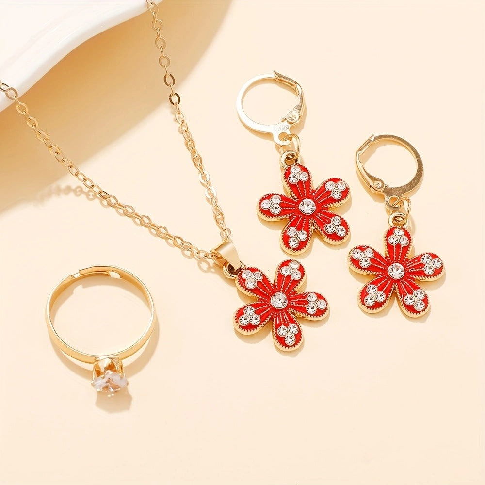 Wholesale Trendy Red Flower Rhinestone Necklace and Earrings Set,  Metal Electroplated Multi-Layer Chain,  Boutique Resale