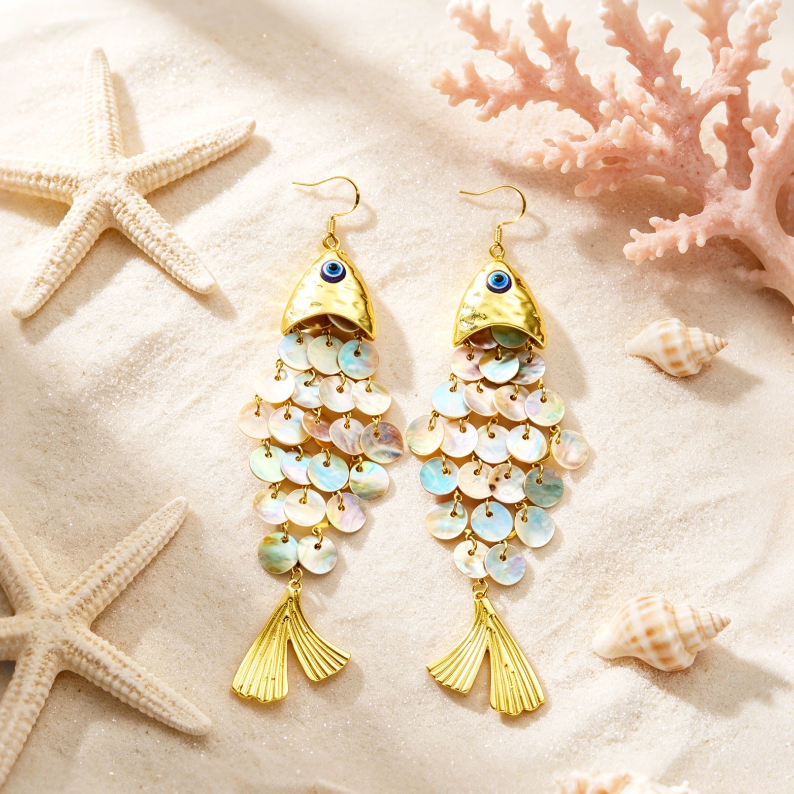 Wholesale Zinc Alloy Devil' s Eye Shell Fish Earrings - Retro Holiday Long Tassel Earrings for Resale Fashion Accessory