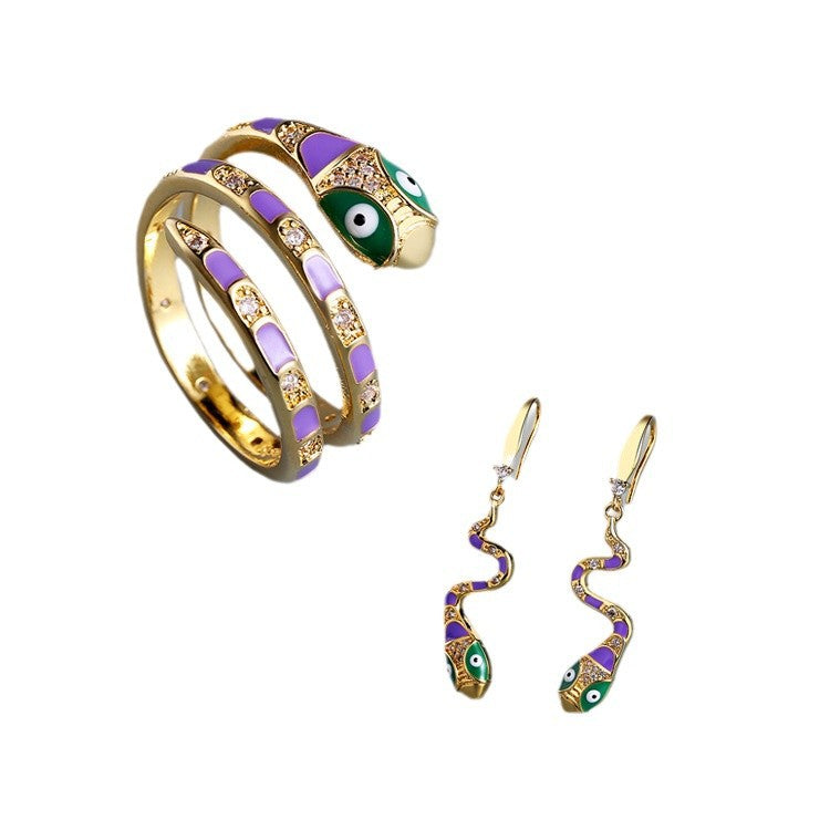 Wholesale  cute creative animal cartoon jewelry suit enamel snake ring stud earrings