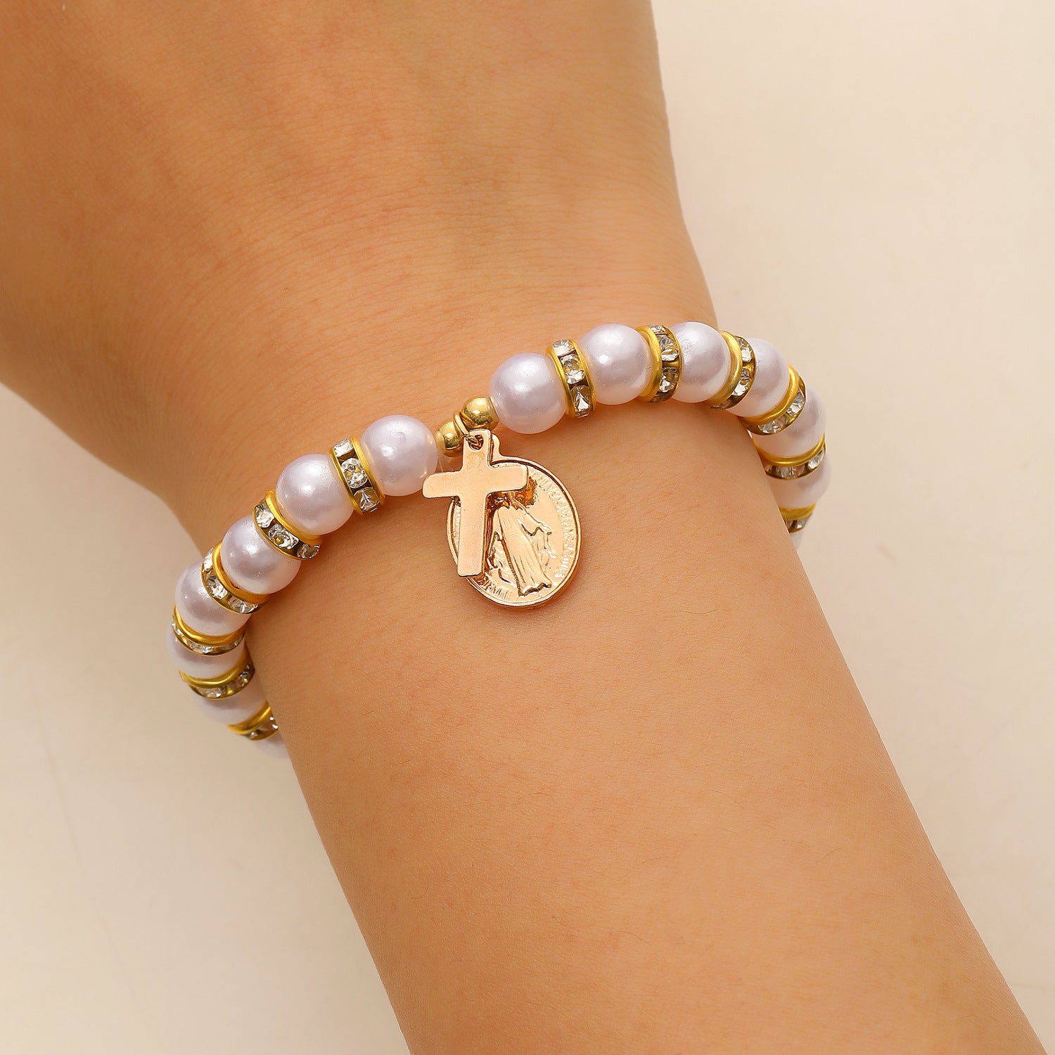 Wholesale Alloy man-made pearl beaded flower and cross Virgin Mary bracelet