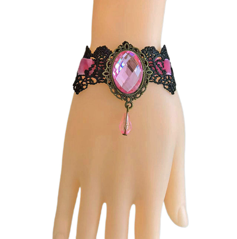 Wholesale Gothic Victorian Lace Bracelet with Red Crystal Pendant,  Chic Jewelry Accessory