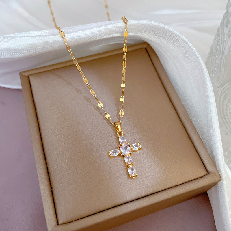 Wholesale Zircon Cross Fine Micropaved Titanium Steel Necklace Clavicle Chain