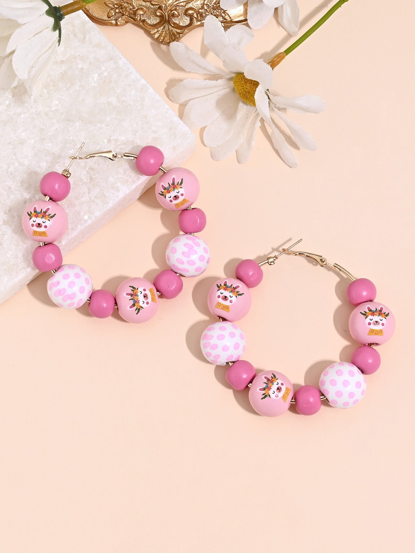 Wholesale Easter Cute Bunny Egg Lattice Wooden Bead Earrings