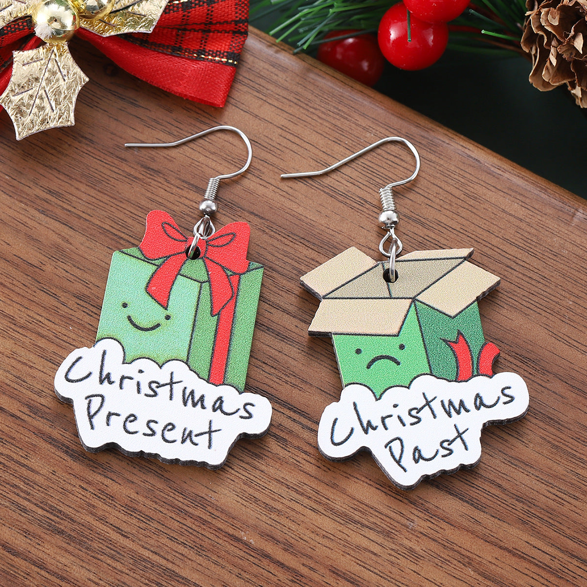 Wholesale Christmas gift box creative pendant earrings retro wooden